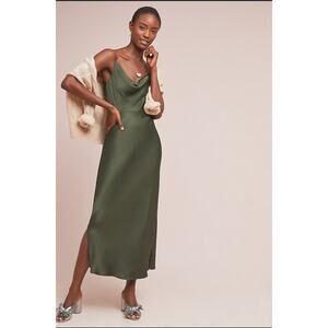 Anthropologie Elyse Bias Slip Dress Women’s Small Moss Green Cowl Neck